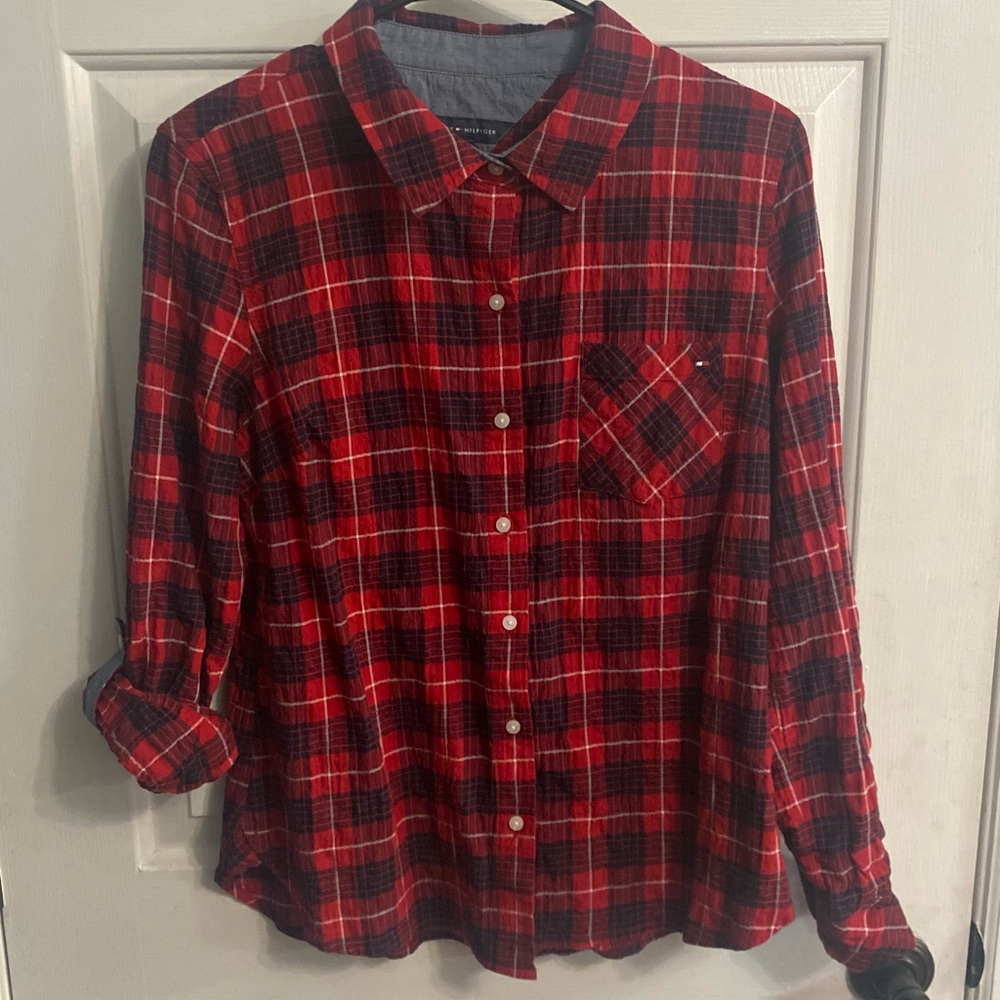 Tommy Hilfiger Red and Gray Plaid Shirt